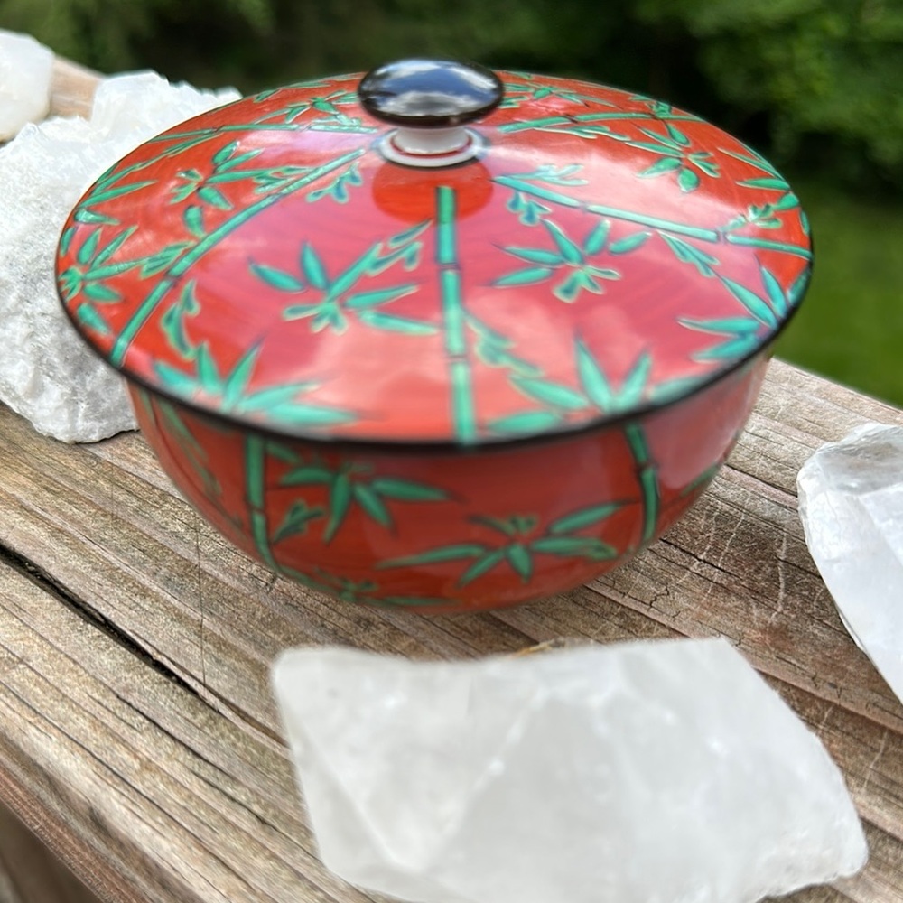 Japanese Tachikichi Red and Green Bamboo Design Tea Bowl with lid.  Vintage